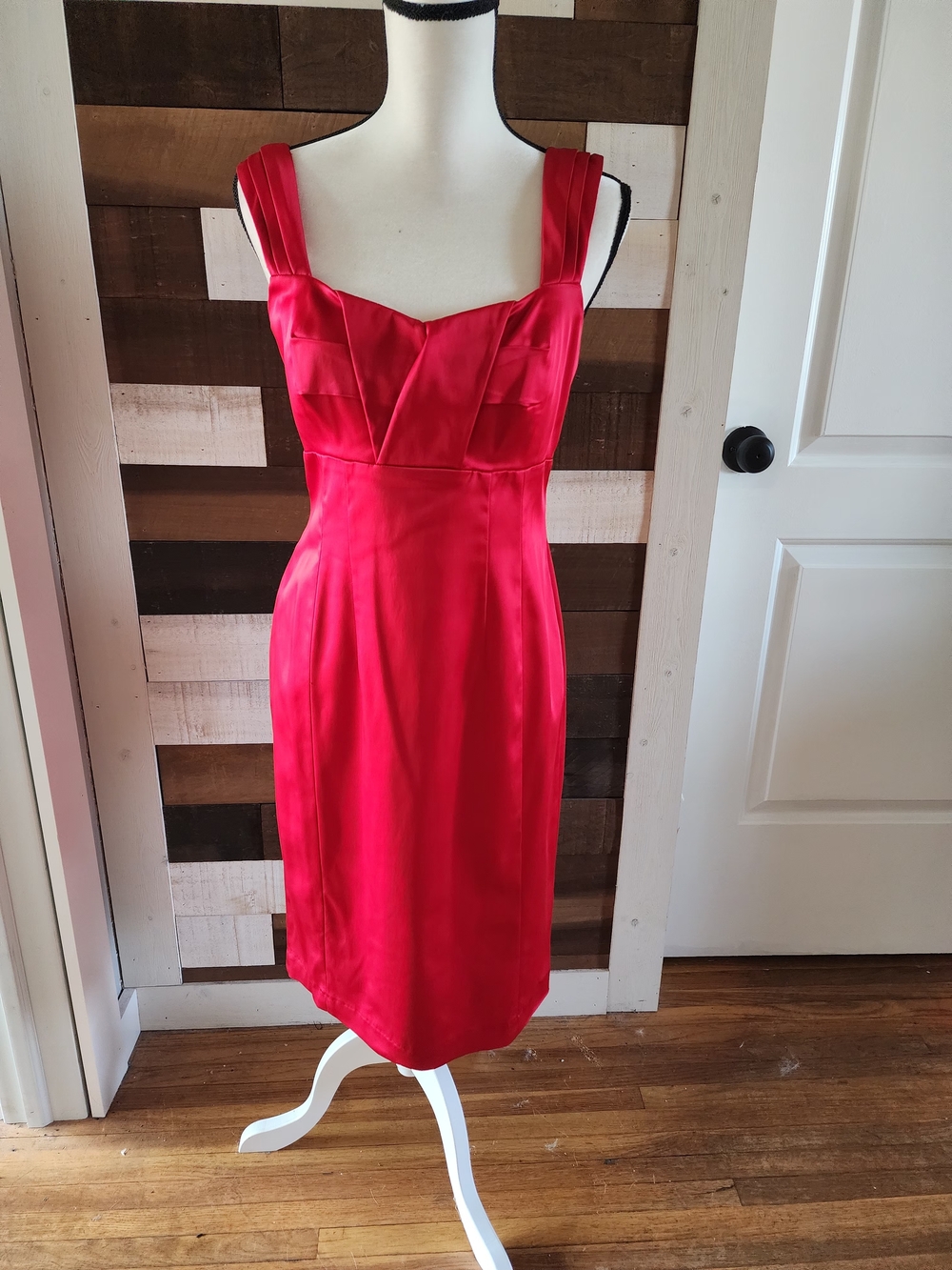 Calvin Klein Red Satin Midi Dress with Pleated Straps
